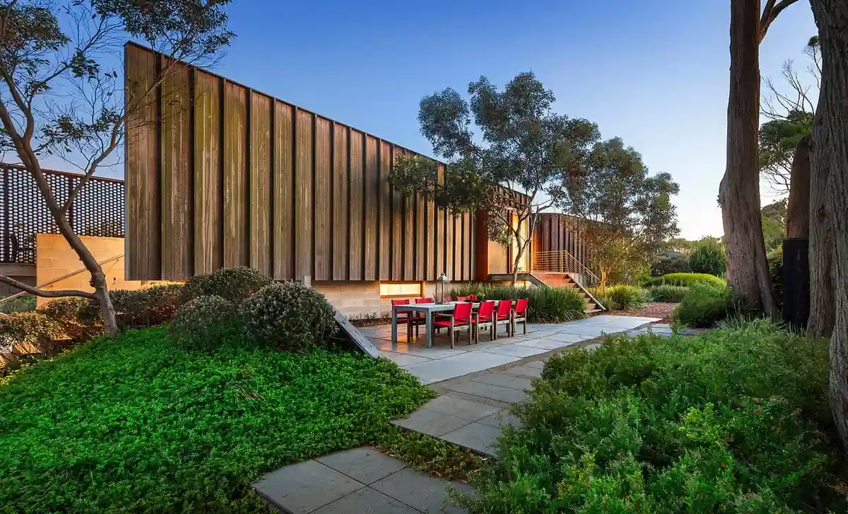 EST Property modern residential home exterior with landscaped garden, real estate property for sale